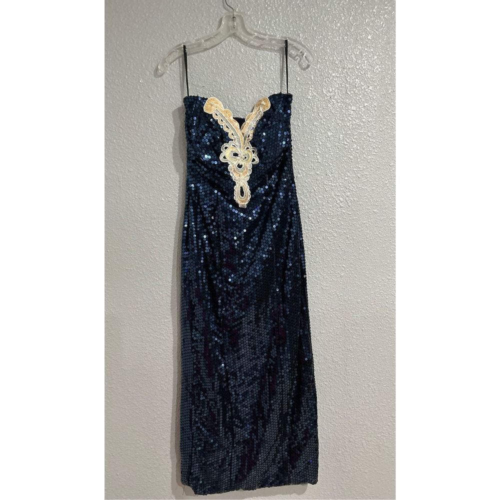 Vintage 90s Blue Sequin Strapless Pencil Maxi Long Prom Dress Sexy Formal Glam S
